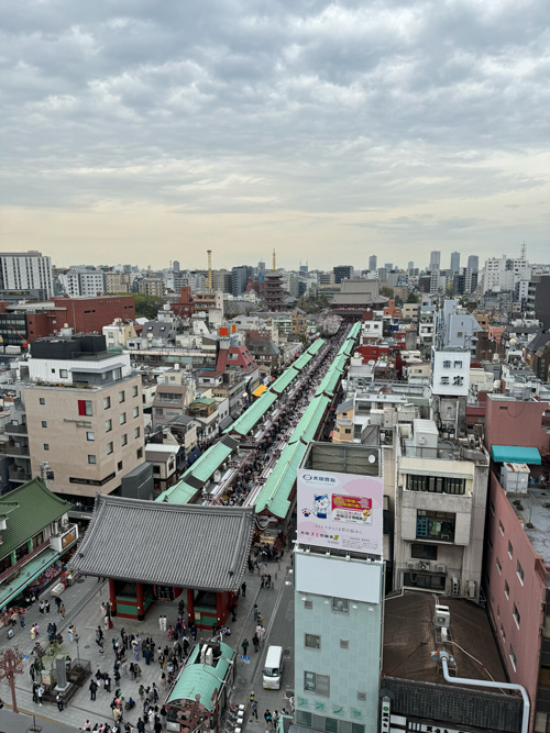 view from the top of the Asakusa cultural tourist infomration centre of Nakamise street