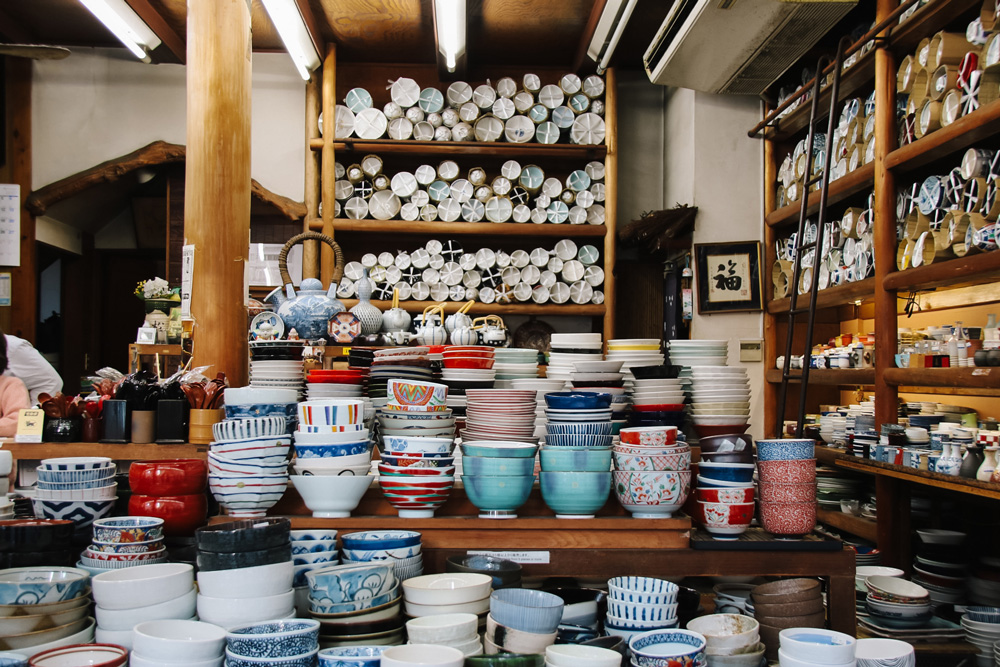 hundreds of colourful bowls and cups in one of the many kitchenware shops in kappabashi street in tokyo