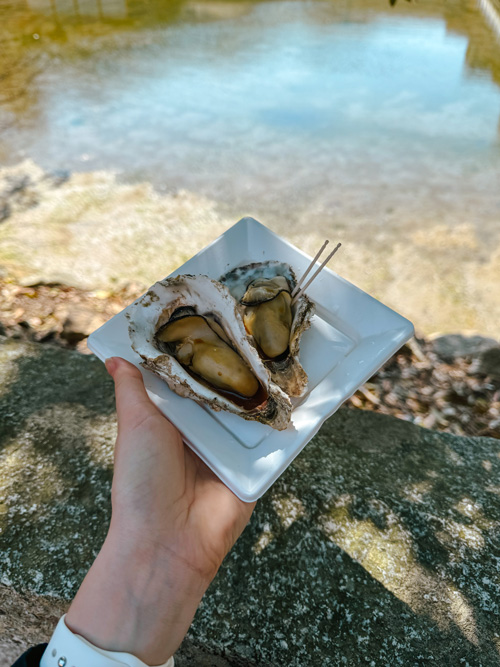 nele holding two miyajima oysters in front of the water