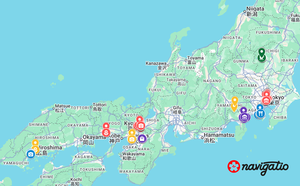 a map of Japan following the two week itinerary from the navigatio with highlighted spots