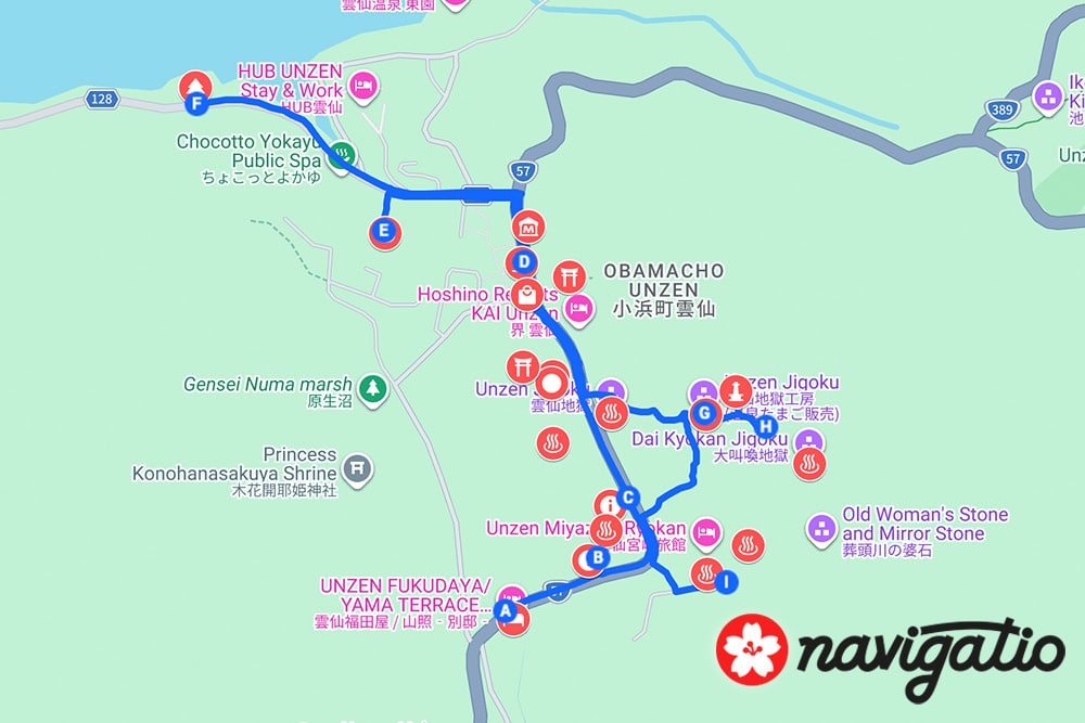 unzen onsen itinerary map