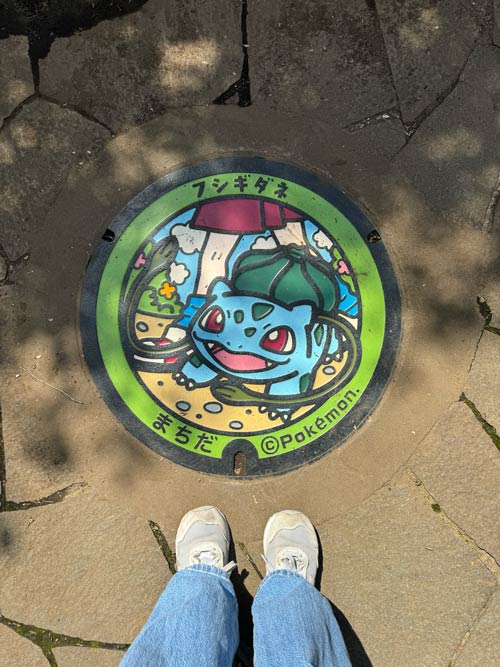 bulbasaur manhole cover in machida tokyo with nele's shoes
