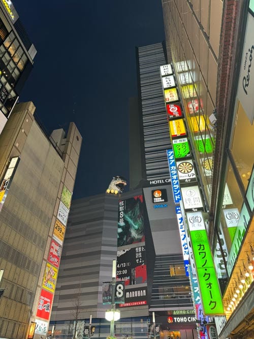 godzilla of hotel gracery shinjuku looking out over kabukicho