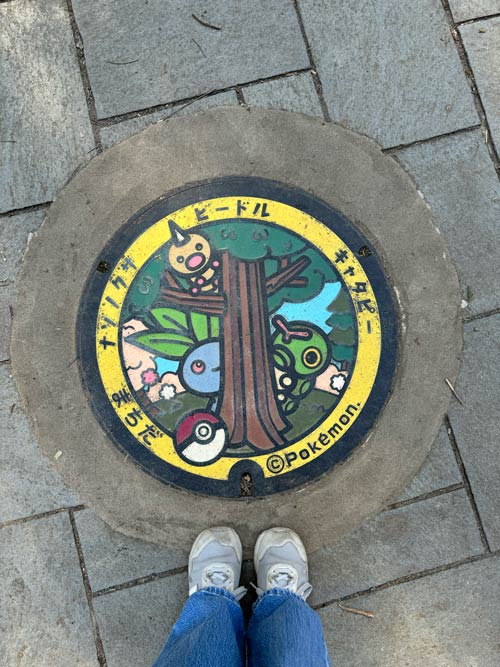 pokemon manhole cover in machida tokyo with weedle, caterpie and oddish with nele's shoes in the shade