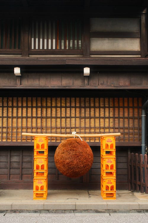 large sugidama outside a sake shop in hida furukawa