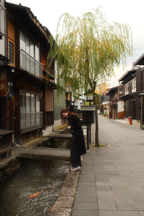 nele standing near the canals of hida kurukawa next to a willow tree, koi swim in the canals