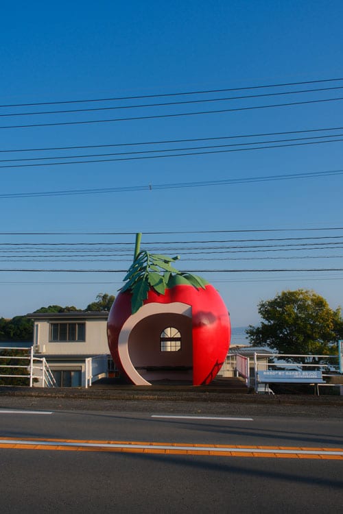 tomato bus stop in nagasaki prefecture on a clear day