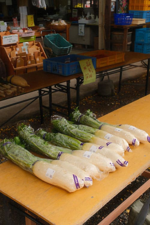 many daikon lined up on a table in a small outdoor market in hida furukawa gifu prefecture