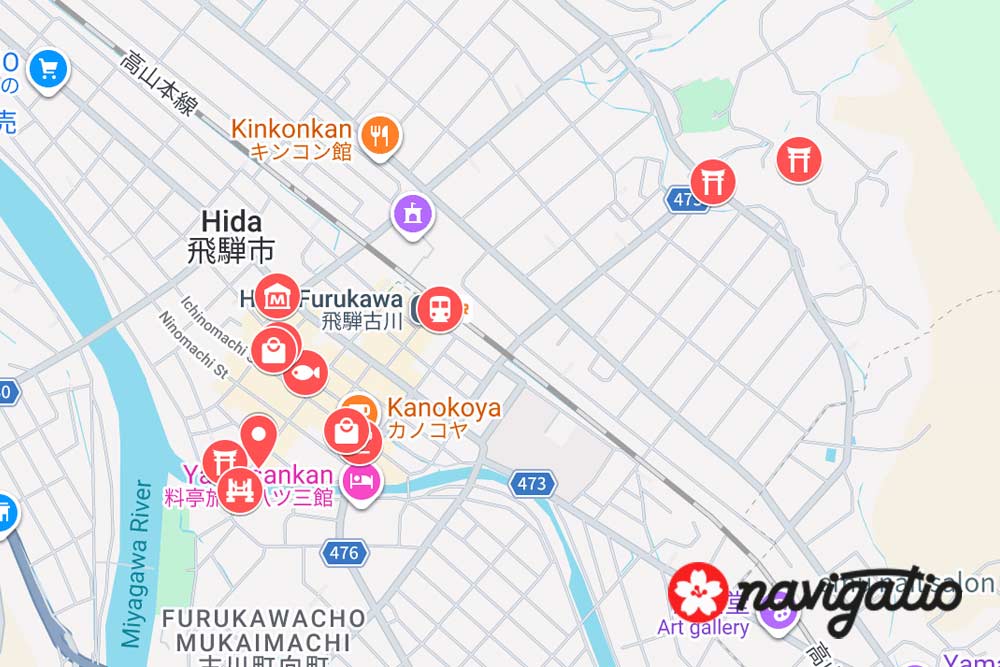 hida furukawa map with highlighted points of interest